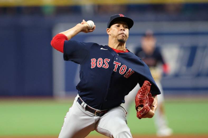Apr 23, 2022; St. Petersburg, Florida, USA;  Boston Red Sox relief pitcher Hansel Robles (57) throws a pitch against the Tampa Bay Rays in the tenth inning at Tropicana Field. Mandatory Credit: Nathan Ray Seebeck-USA TODAY Sports