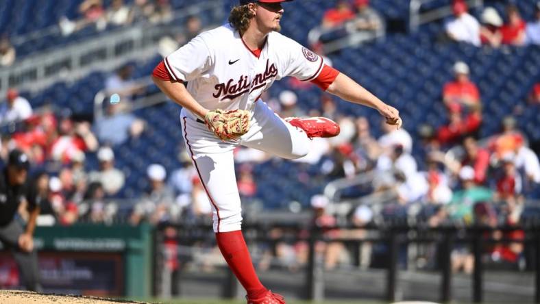 Apr 24, 2022; Washington, District of Columbia, USA; Washington Nationals relief pitcher Sam Clay (49) throws to the San Francisco Giants during the ninth inning at Nationals Park. Mandatory Credit: Brad Mills-USA TODAY Sports