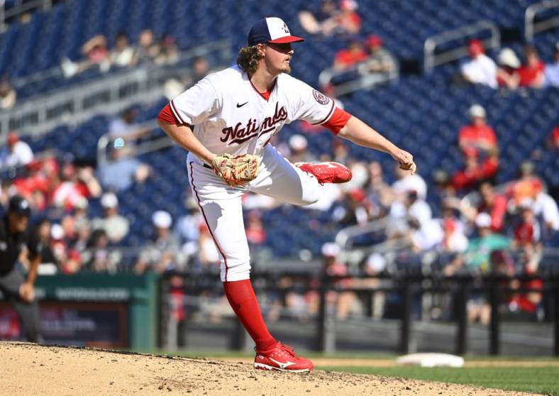 Apr 24, 2022; Washington, District of Columbia, USA; Washington Nationals relief pitcher Sam Clay (49) throws to the San Francisco Giants during the ninth inning at Nationals Park. Mandatory Credit: Brad Mills-USA TODAY Sports