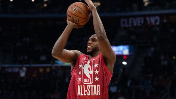 February 20, 2022; Cleveland, Ohio, USA; Team Durant forward Khris Middleton of the Milwaukee Bucks (22) during the second quarter in the 2022 NBA All-Star Game at Rocket Mortgage FieldHouse. Mandatory Credit: Kyle Terada-USA TODAY Sports