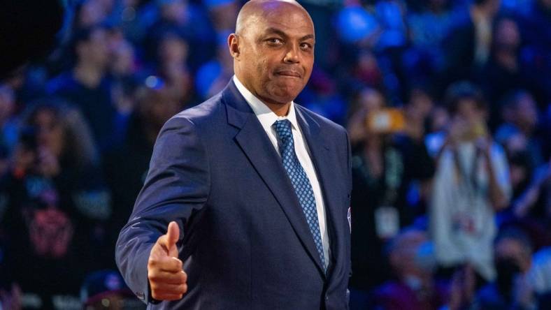 February 20, 2022; Cleveland, Ohio, USA; NBA great Charles Barkley is honored for being selected to the NBA 75th Anniversary Team during halftime in the 2022 NBA All-Star Game at Rocket Mortgage FieldHouse. Mandatory Credit: Kyle Terada-USA TODAY Sports