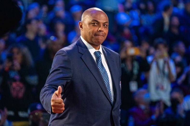 February 20, 2022; Cleveland, Ohio, USA; NBA great Charles Barkley is honored for being selected to the NBA 75th Anniversary Team during halftime in the 2022 NBA All-Star Game at Rocket Mortgage FieldHouse. Mandatory Credit: Kyle Terada-USA TODAY Sports