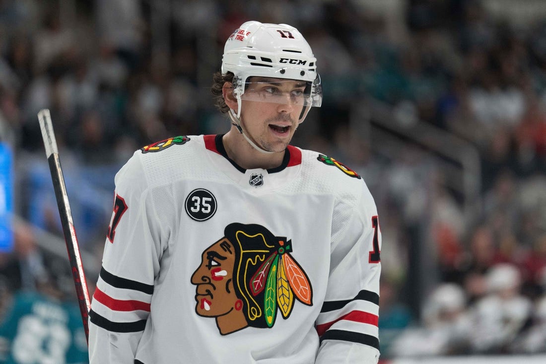 Apr 23, 2022; San Jose, California, USA;  Chicago Blackhawks center Dylan Strome (17) during the third period against the San Jose Sharks at SAP Center at San Jose. Mandatory Credit: Stan Szeto-USA TODAY Sports