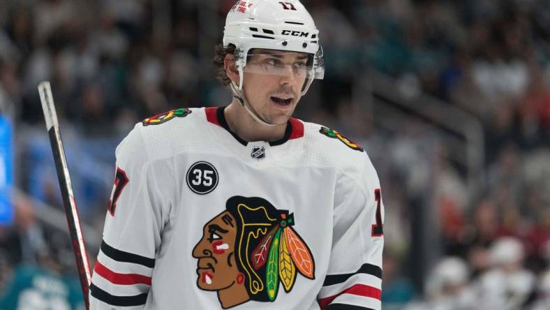 Apr 23, 2022; San Jose, California, USA;  Chicago Blackhawks center Dylan Strome (17) during the third period against the San Jose Sharks at SAP Center at San Jose. Mandatory Credit: Stan Szeto-USA TODAY Sports