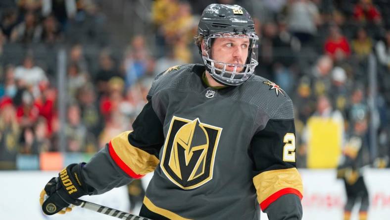 Apr 24, 2022; Las Vegas, Nevada, USA; Vegas Golden Knights center Mattias Janmark (26) during warmups against the San Jose Sharks  at T-Mobile Arena. Mandatory Credit: Lucas Peltier-USA TODAY Sports