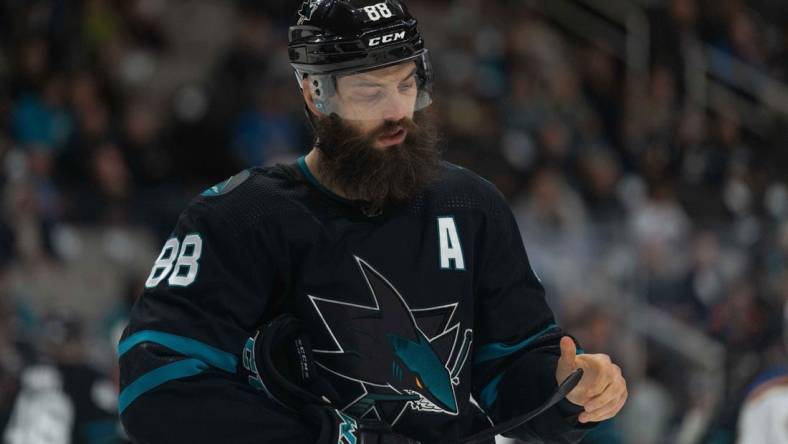 Apr 21, 2022; San Jose, California, USA;  San Jose Sharks defenseman Brent Burns (88) during the first period against the St. Louis Blues at SAP Center at San Jose. Mandatory Credit: Stan Szeto-USA TODAY Sports