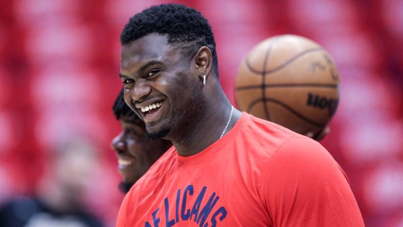 Apr 28, 2022; New Orleans, Louisiana, USA;   New Orleans Pelicans forward Zion Williamson (1) during warm ups before game six against the Phoenix Suns of the first round for the 2022 NBA playoffs at Smoothie King Center. Mandatory Credit: Stephen Lew-USA TODAY Sports