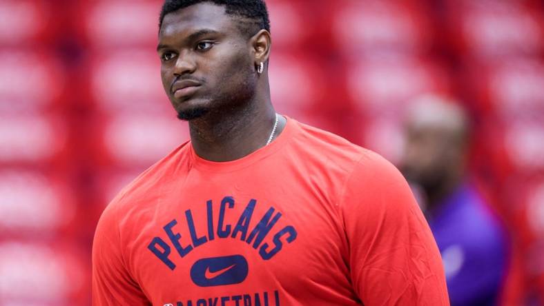 Apr 28, 2022; New Orleans, Louisiana, USA;   New Orleans Pelicans forward Zion Williamson (1) during warm ups before game six against the Phoenix Suns of the first round for the 2022 NBA playoffs at Smoothie King Center. Mandatory Credit: Stephen Lew-USA TODAY Sports