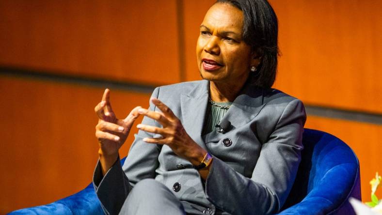 Former U.S. Secretary of State  Condoleezza Rice talks with Notre Dame President Rev. John Jenkins during the ""A Conversation With: Condoleezza Rice" event Thursday, April 28, 2022 at the Mendoza College of Business on campus at Notre Dame in South Bend.

A Conversation With Condoleezza Rice