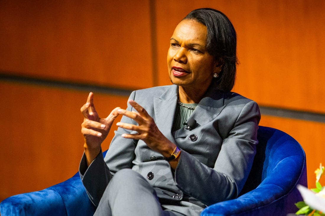 Former U.S. Secretary of State  Condoleezza Rice talks with Notre Dame President Rev. John Jenkins during the ""A Conversation With: Condoleezza Rice" event Thursday, April 28, 2022 at the Mendoza College of Business on campus at Notre Dame in South Bend.

A Conversation With Condoleezza Rice