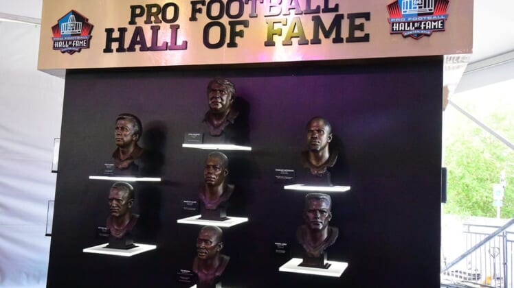 Apr 28, 2022; Las Vegas, NV, USA; Pro Football Hall of Fame busts on display at the NFL Draft Experience. Mandatory Credit: Gary A. Vasquez-USA TODAY Sports