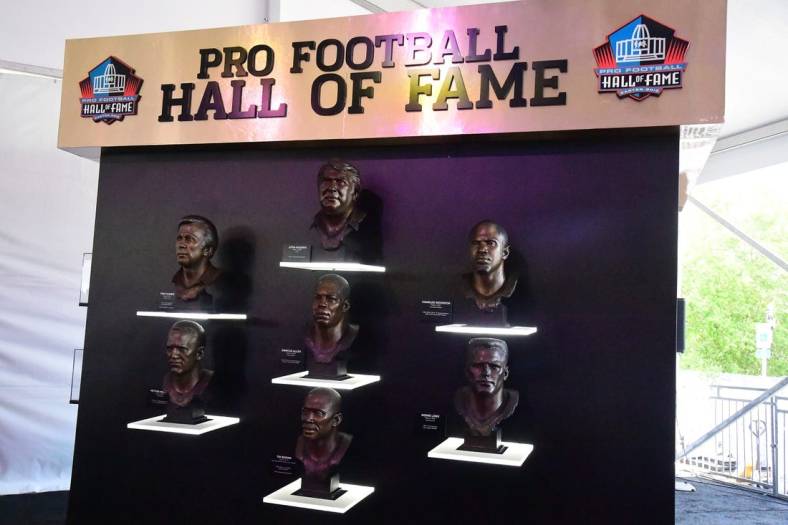Apr 28, 2022; Las Vegas, NV, USA; Pro Football Hall of Fame busts on display at the NFL Draft Experience. Mandatory Credit: Gary A. Vasquez-USA TODAY Sports