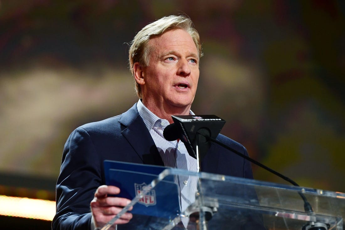 Apr 28, 2022; Las Vegas, NV, USA; NFL commissioner Roger Goodell announces Northern Iowa offensive tackle Trevor Penning as the nineteenth overall pick to the New Orleans Saints during the first round of the 2022 NFL Draft at the NFL Draft Theater. Mandatory Credit: Gary Vasquez-USA TODAY Sports