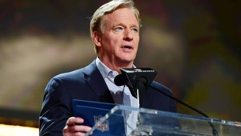 Apr 28, 2022; Las Vegas, NV, USA; NFL commissioner Roger Goodell announces Northern Iowa offensive tackle Trevor Penning as the nineteenth overall pick to the New Orleans Saints during the first round of the 2022 NFL Draft at the NFL Draft Theater. Mandatory Credit: Gary Vasquez-USA TODAY Sports