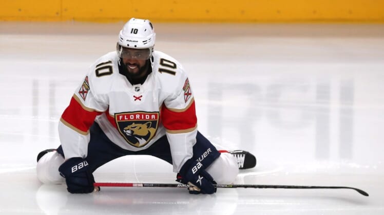 Apr 29, 2022; Montreal, Quebec, CAN; Florida Panthers left wing Anthony Duclair (10) during the warm-up session before the game against Montreal Canadiens at Bell Centre. Mandatory Credit: Jean-Yves Ahern-USA TODAY