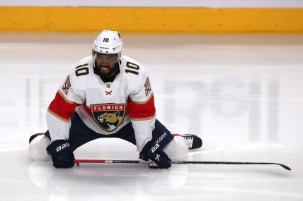 Apr 29, 2022; Montreal, Quebec, CAN; Florida Panthers left wing Anthony Duclair (10) during the warm-up session before the game against Montreal Canadiens at Bell Centre. Mandatory Credit: Jean-Yves Ahern-USA TODAY