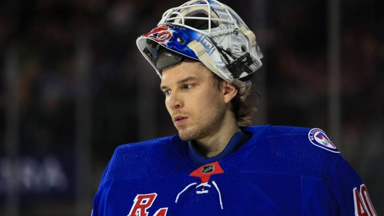 Apr 29, 2022; New York, New York, USA; New York Rangers goalie Alexandar Georgiev (40) skates during a break in the action against the Washington Capitals during the first period at Madison Square Garden. Mandatory Credit: Danny Wild-USA TODAY Sports