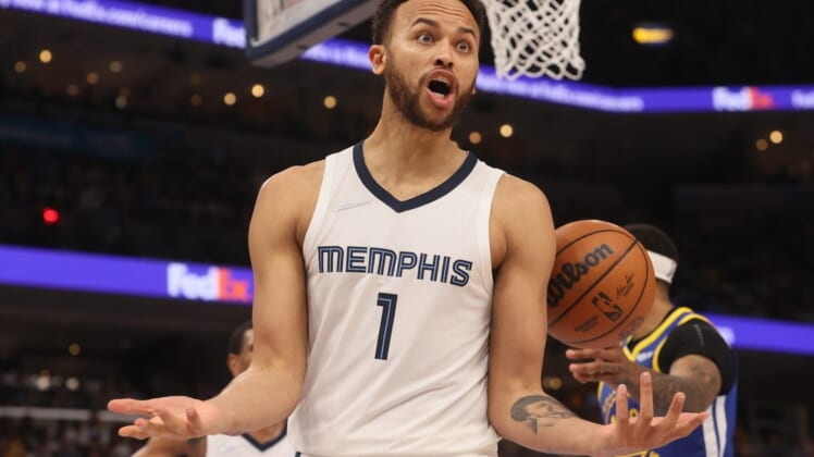 May 1, 2022; Memphis, Tennessee, USA; Memphis Grizzlies forward Kyle Anderson (1) looks to the referee for a call as they play the Golden State Warriors during game one of the second round for the 2022 NBA playoffs at FedExForum. Mandatory Credit: Joe Rondone-USA TODAY Sports
