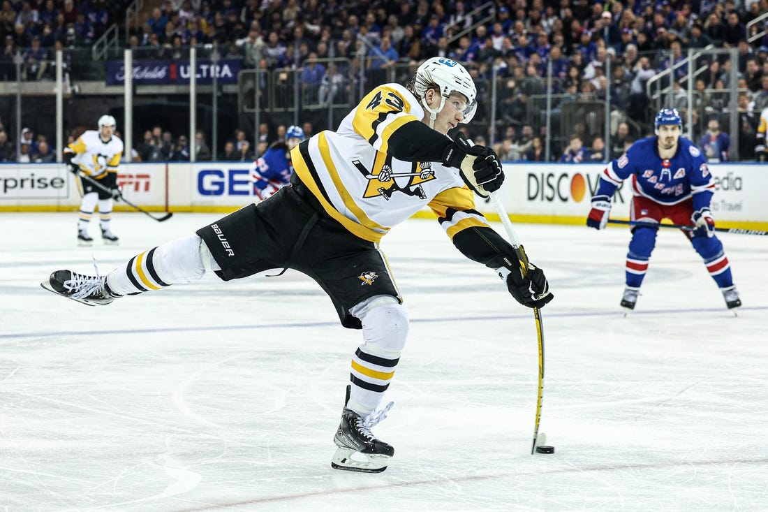 May 3, 2022; New York, New York, USA; Pittsburgh Penguins left wing Danton Heinen (43) shoots the puck against the New York Rangers during the third period in game one of the third round of the 2022 Stanley Cup Playoffs at Madison Square Garden. Mandatory Credit: Vincent Carchietta-USA TODAY Sports