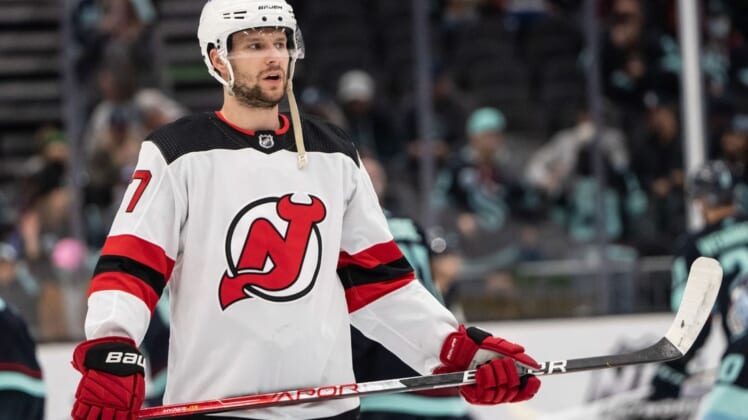 Apr 16, 2022; Seattle, Washington, USA; New Jersey Devils forward Pavel Zacha (37) is pictured before a game against the Seattle Kraken at Climate Pledge Arena. Mandatory Credit: Stephen Brashear-USA TODAY Sports