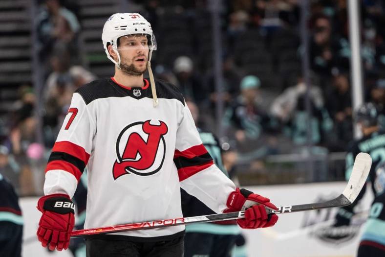 Apr 16, 2022; Seattle, Washington, USA; New Jersey Devils forward Pavel Zacha (37) is pictured before a game against the Seattle Kraken at Climate Pledge Arena. Mandatory Credit: Stephen Brashear-USA TODAY Sports