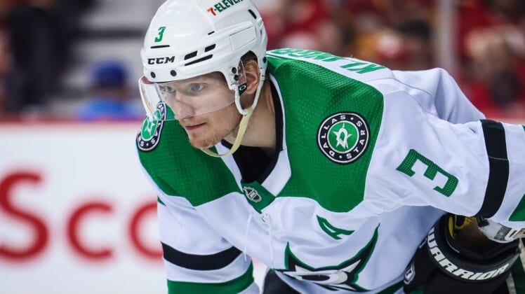 May 5, 2022; Calgary, Alberta, CAN; Dallas Stars defenseman John Klingberg (3) during the face off against the Calgary Flames during the third period in game two of the first round of the 2022 Stanley Cup Playoffs at Scotiabank Saddledome. Mandatory Credit: Sergei Belski-USA TODAY Sports