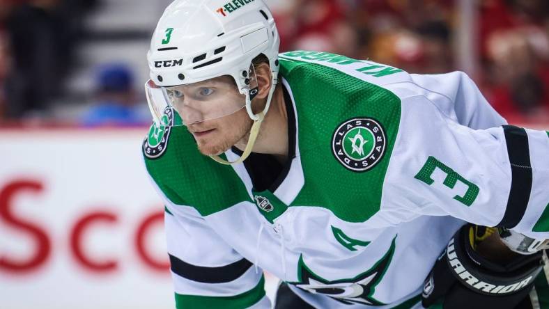 May 5, 2022; Calgary, Alberta, CAN; Dallas Stars defenseman John Klingberg (3) during the face off against the Calgary Flames during the third period in game two of the first round of the 2022 Stanley Cup Playoffs at Scotiabank Saddledome. Mandatory Credit: Sergei Belski-USA TODAY Sports