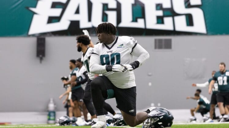 May 6, 2022; Philadelphia, PA, USA; Philadelphia Eagles defensive tackle Jordan Davis (90) stretches during Rookie Minicamp at NovaCare Complex. Mandatory Credit: Bill Streicher-USA TODAY Sports
