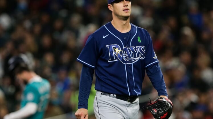 May 6, 2022; Seattle, Washington, USA;  Tampa Bay Rays starting pitcher Matt Wisler (37) walks off the field after giving up two runs to the Seattle Mariners during the first inning at T-Mobile Park. Mandatory Credit: Lindsey Wasson-USA TODAY Sports