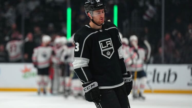 May 6, 2022; Los Angeles, California, USA; LA Kings center Gabriel Vilardi (13) reacts at the end of Game 3 of the first round of the 2022 Stanley Cup Playoffs against the Edmonton Oilers at Crypto.com Arena. Mandatory Credit: Kirby Lee-USA TODAY Sports