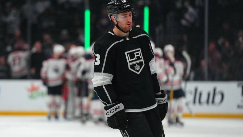 May 6, 2022; Los Angeles, California, USA; LA Kings center Gabriel Vilardi (13) reacts at the end of Game 3 of the first round of the 2022 Stanley Cup Playoffs against the Edmonton Oilers at Crypto.com Arena. Mandatory Credit: Kirby Lee-USA TODAY Sports