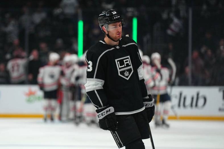May 6, 2022; Los Angeles, California, USA; LA Kings center Gabriel Vilardi (13) reacts at the end of Game 3 of the first round of the 2022 Stanley Cup Playoffs against the Edmonton Oilers at Crypto.com Arena. Mandatory Credit: Kirby Lee-USA TODAY Sports