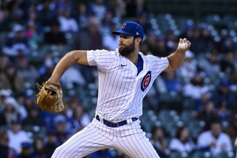 May 7, 2022; Chicago, Illinois, USA;  Chicago Cubs starting pitcher Daniel Norris (49) delivers against the Los Angeles Dodgers during the first inning at Wrigley Field. Mandatory Credit: Matt Marton-USA TODAY Sports