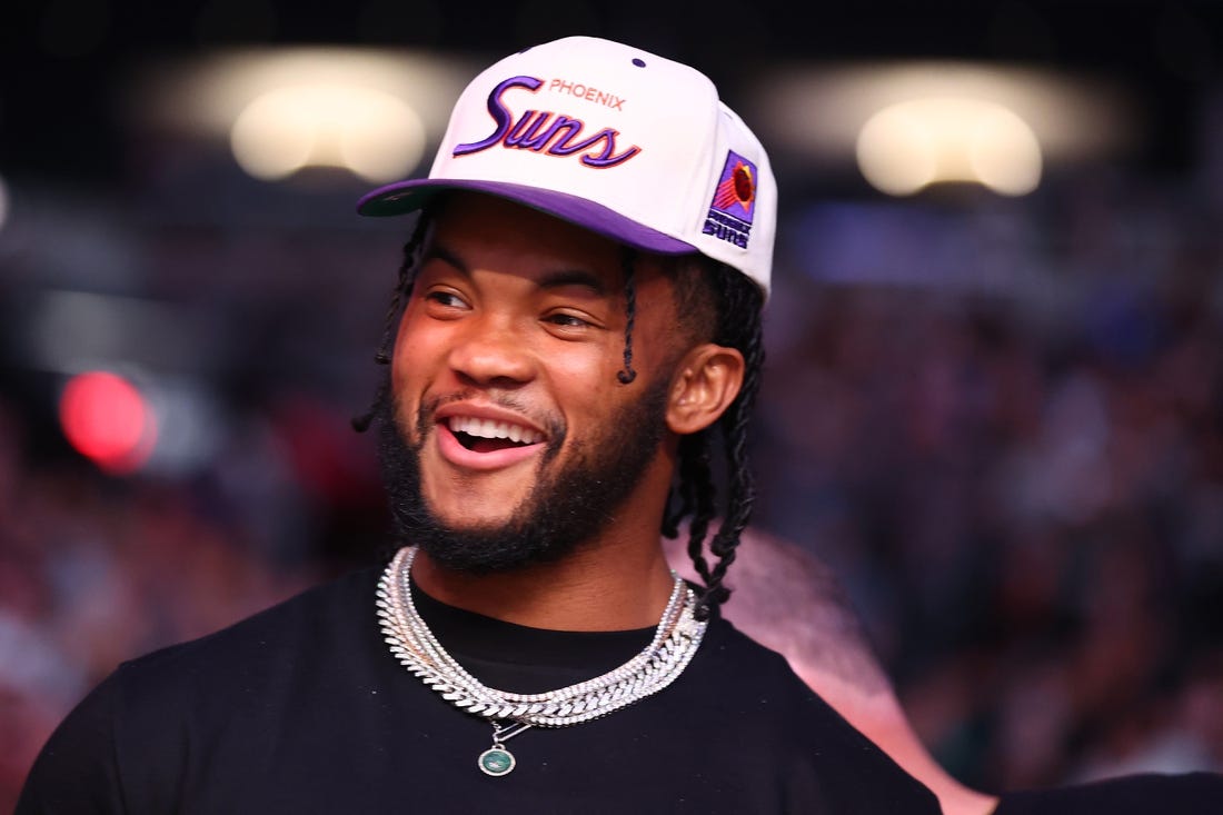 May 7, 2022; Phoenix, Arizona, USA; Arizona Cardinals quarterback Kyler Murray in attendance during UFC 274 at Footprint Center. Mandatory Credit: Mark J. Rebilas-USA TODAY Sports