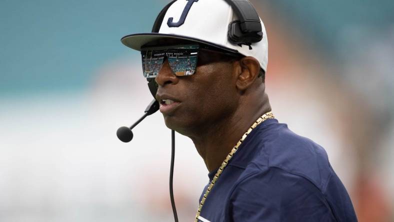 Jackson State University head coach Deion Sanders walks along the sideline during the Orange Blossom Classic between Florida A&M University and Jackson State University at Hard Rock Stadium in Miami Gardens, Fla., on Sunday, Sept. 5, 2021.

Syndication Tallahassee Democrat