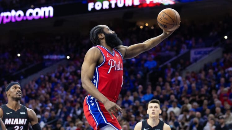 May 8, 2022; Philadelphia, Pennsylvania, USA; Philadelphia 76ers guard James Harden (1) drives for a score against the Miami Heat during the fourth quarter in game four of the second round for the 2022 NBA playoffs at Wells Fargo Center. Mandatory Credit: Bill Streicher-USA TODAY Sports