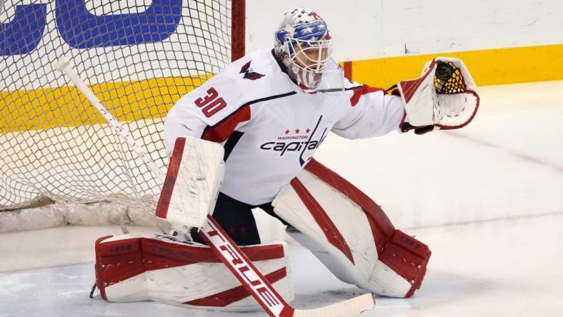 May 11, 2022; Sunrise, Florida, USA; Washington Capitals goaltender Ilya Samsonov (30) warms up prior to game five of the first round of the 2022 Stanley Cup Playoffs against the Florida Panthers at FLA Live Arena. Mandatory Credit: Jasen Vinlove-USA TODAY Sports