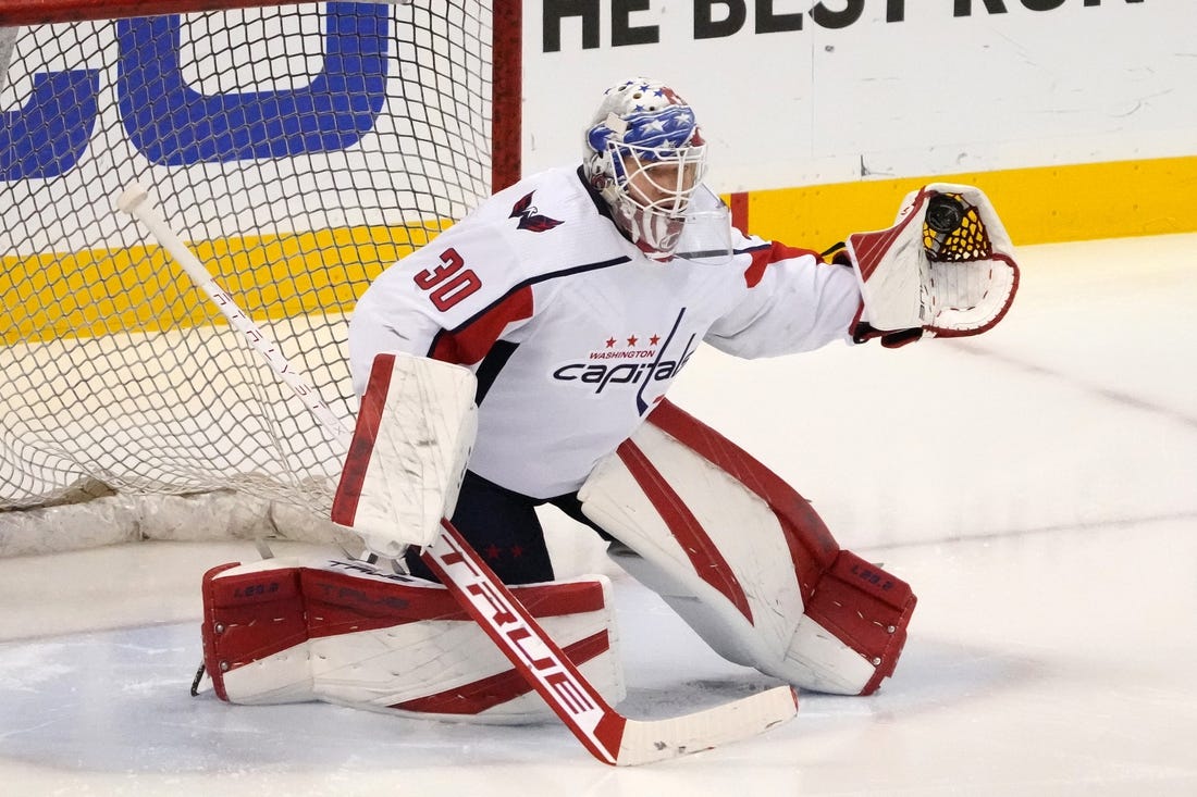 May 11, 2022; Sunrise, Florida, USA; Washington Capitals goaltender Ilya Samsonov (30) warms up prior to game five of the first round of the 2022 Stanley Cup Playoffs against the Florida Panthers at FLA Live Arena. Mandatory Credit: Jasen Vinlove-USA TODAY Sports