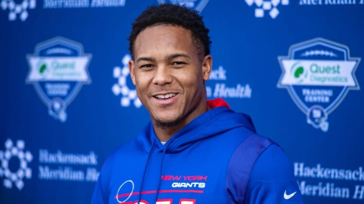 May 13, 2022; East Rutherford, NJ, USA; New York Giants wide receiver Wan'Dale Robinson (17) speaks to the media during rookie camp at Quest Diagnostics Training Center. Mandatory Credit: John Jones-USA TODAY Sports