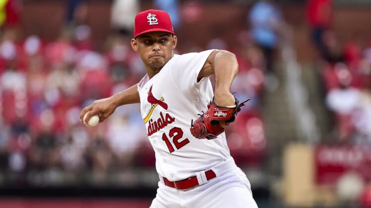 May 13, 2022; St. Louis, Missouri, USA;  St. Louis Cardinals starting pitcher Jordan Hicks (12) pitches against the San Francisco Giants during the first inning at Busch Stadium. Mandatory Credit: Jeff Curry-USA TODAY Sports