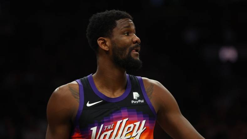 May 15, 2022; Phoenix, Arizona, USA; Phoenix Suns center Deandre Ayton (22) against the Dallas Mavericks in game seven of the second round for the 2022 NBA playoffs at Footprint Center. Mandatory Credit: Mark J. Rebilas-USA TODAY Sports