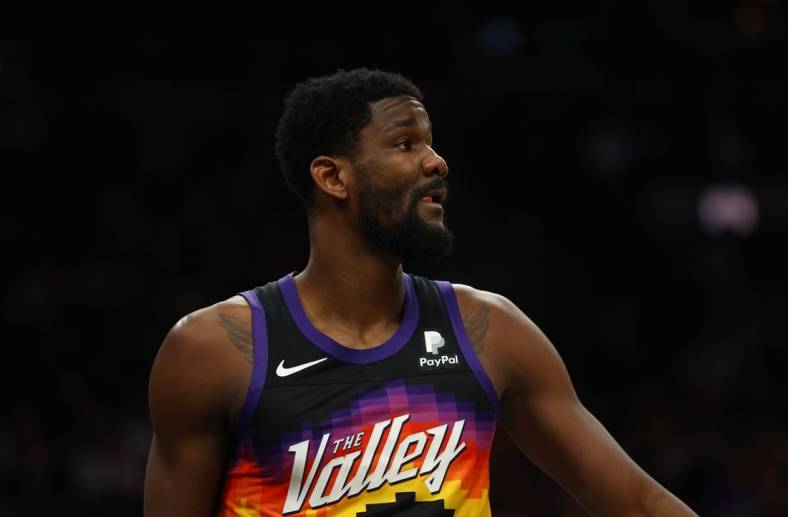 May 15, 2022; Phoenix, Arizona, USA; Phoenix Suns center Deandre Ayton (22) against the Dallas Mavericks in game seven of the second round for the 2022 NBA playoffs at Footprint Center. Mandatory Credit: Mark J. Rebilas-USA TODAY Sports