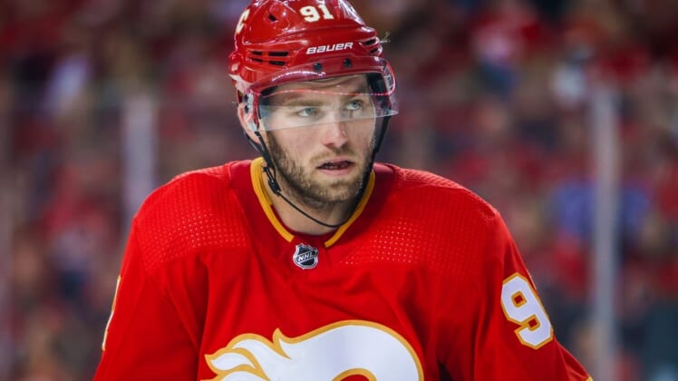 May 15, 2022; Calgary, Alberta, CAN; Calgary Flames center Calle Jarnkrok (91) during the face off against the Dallas Stars during the third period in game seven of the first round of the 2022 Stanley Cup Playoffs at Scotiabank Saddledome. Mandatory Credit: Sergei Belski-USA TODAY Sports