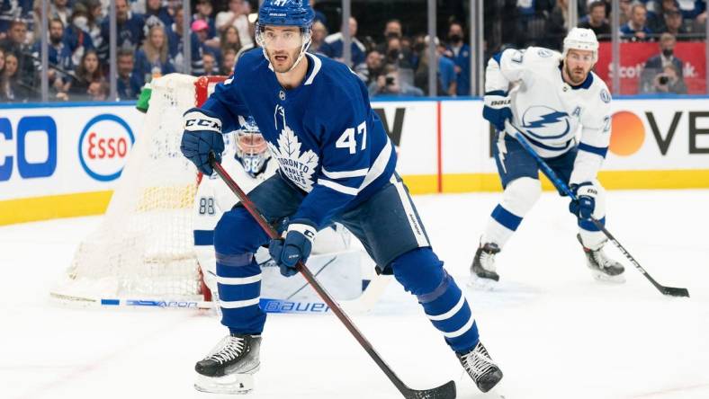 May 14, 2022; Toronto, Ontario, CAN; Toronto Maple Leafs left wing Pierre Engvall (47) follows the play against the Tampa Bay Lightning during the first period of game seven of the first round of the 2022 Stanley Cup Playoffs at Scotiabank Arena. Mandatory Credit: Nick Turchiaro-USA TODAY Sports