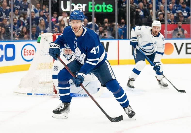 May 14, 2022; Toronto, Ontario, CAN; Toronto Maple Leafs left wing Pierre Engvall (47) follows the play against the Tampa Bay Lightning during the first period of game seven of the first round of the 2022 Stanley Cup Playoffs at Scotiabank Arena. Mandatory Credit: Nick Turchiaro-USA TODAY Sports