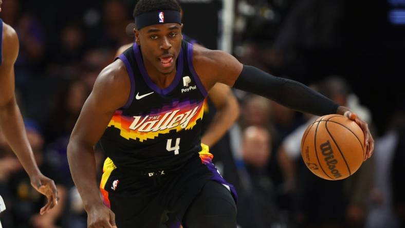 May 15, 2022; Phoenix, Arizona, USA; Phoenix Suns guard Aaron Holiday against the Dallas Mavericks in game seven of the second round for the 2022 NBA playoffs at Footprint Center. Mandatory Credit: Mark J. Rebilas-USA TODAY Sports