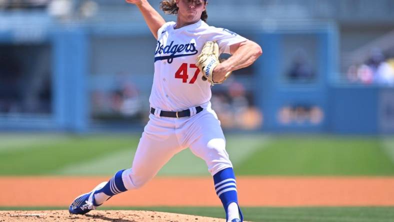 May 17, 2022; Los Angeles, California, USA;  Los Angeles Dodgers starting pitcher Ryan Pepiot (47) throws in the third inning against the Arizona Diamondbacks at Dodger Stadium. Mandatory Credit: Jayne Kamin-Oncea-USA TODAY Sports