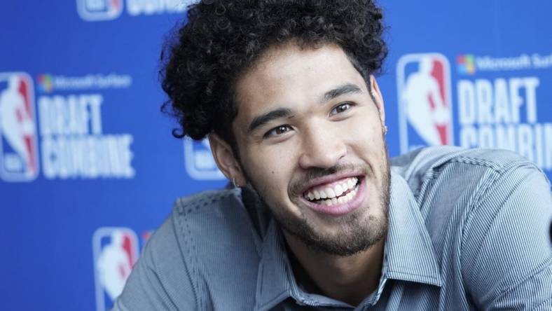 May 19, 2022; Chicago, IL, USA; Johnny Juzang talks to the media during the 2022 NBA Draft Combine at Wintrust Arena. Mandatory Credit: David Banks-USA TODAY Sports