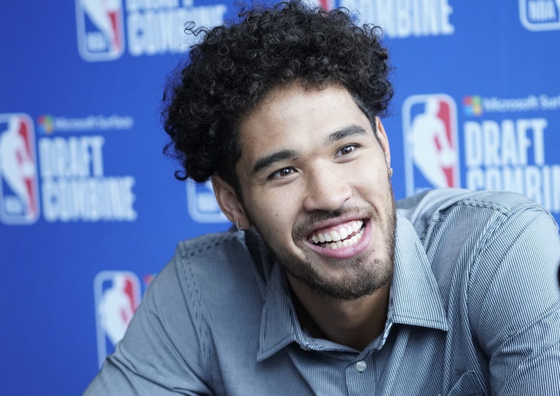 May 19, 2022; Chicago, IL, USA; Johnny Juzang talks to the media during the 2022 NBA Draft Combine at Wintrust Arena. Mandatory Credit: David Banks-USA TODAY Sports