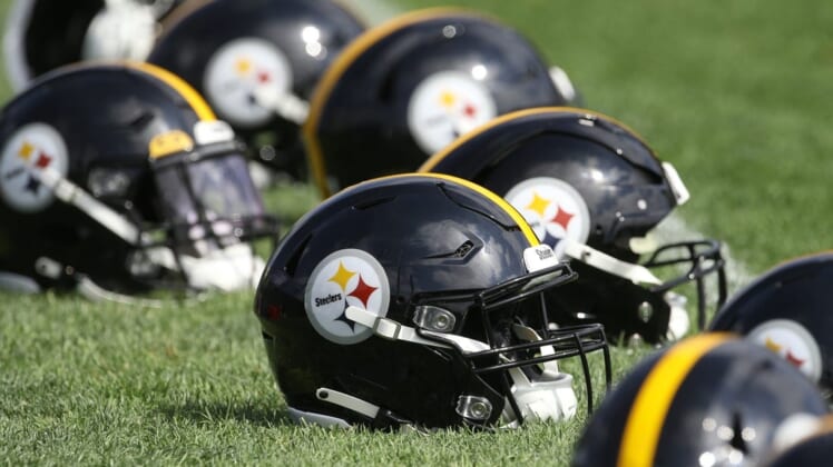 May 24, 2022; Pittsburgh, PA, USA;  Pittsburgh Steelers helmets are seen as the team participates in organized team activities at UPMC Rooney Sports Complex. Mandatory Credit: Charles LeClaire-USA TODAY Sports